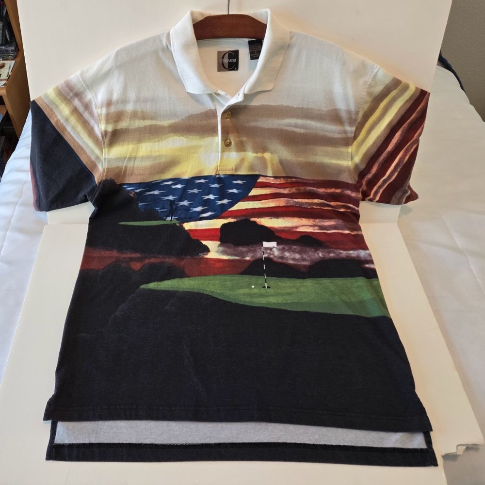 Vintage Chiliwear Patriotic Golf Polo USA Flag All Over Print Men’s Large